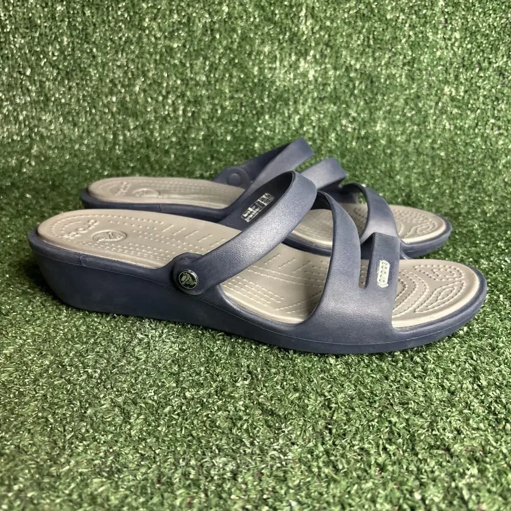 Crocs Patricia Blue Gray Wedge Heel Slides‎ Sandals 10386 Womens Size 10